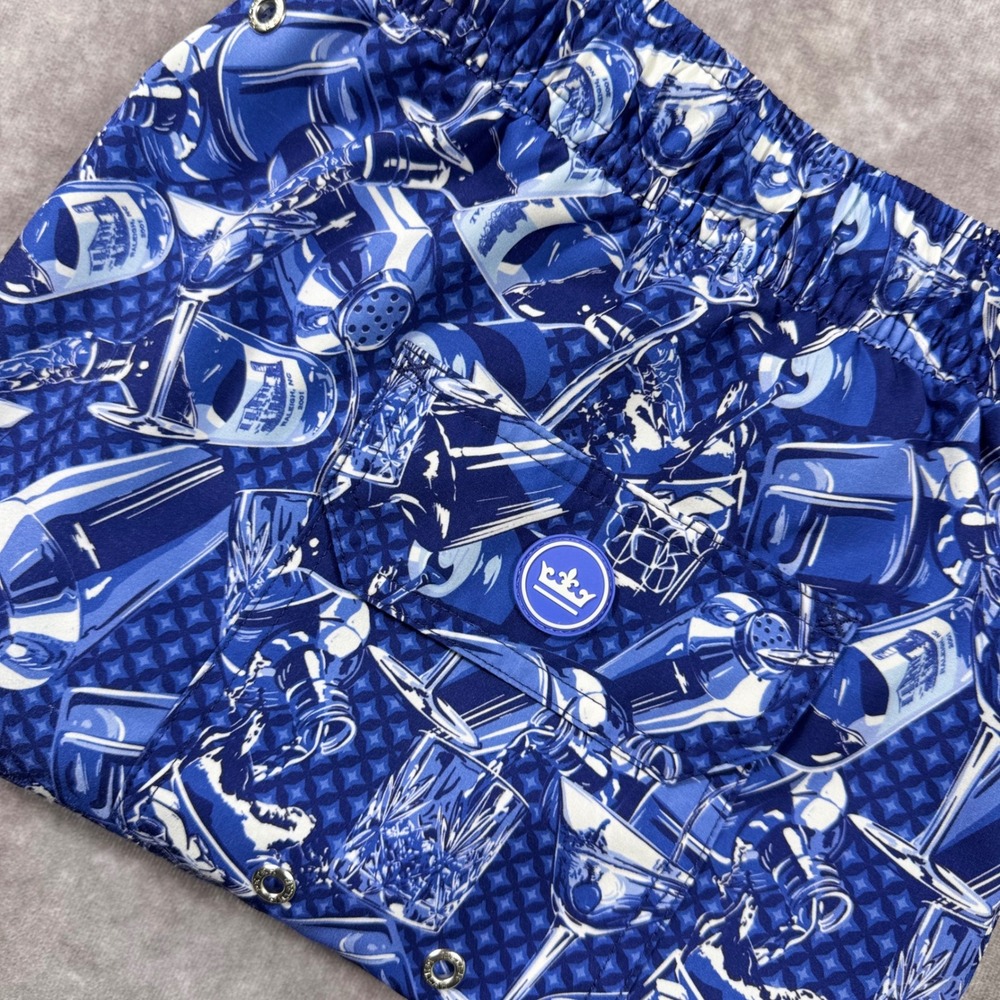 Peter Millar Seaside Mens XL Blue Cocktail Martini Print Swim Trunks Shorts